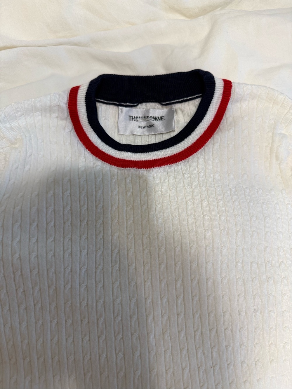 Thom Browne White Cable-Knit Crewneck with Navy and Red Trim